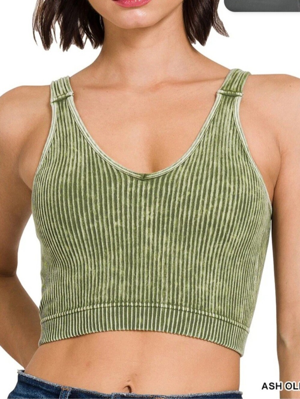 Ash Olive Padded Ribbed V-Neck Crop Tank Top By Zenana-S/M or L/XL NIB
